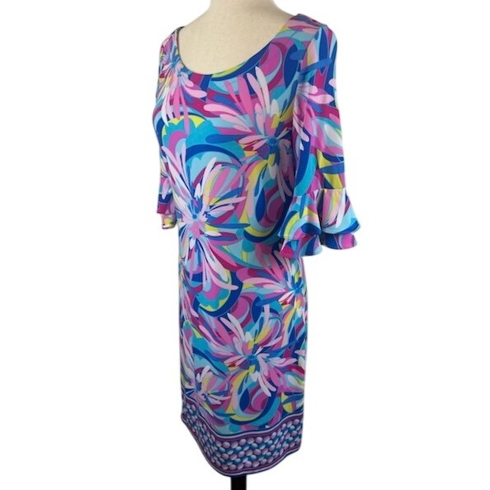 Cappagallo Sheath Dress Women's Size Medium Floral Abstract Ruffle Cuff
